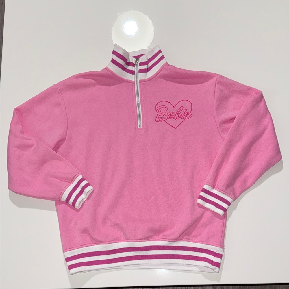 BARBIE Women's Pink White 1/4 Zip Pullover Sweatshirt Top Sweater Size M